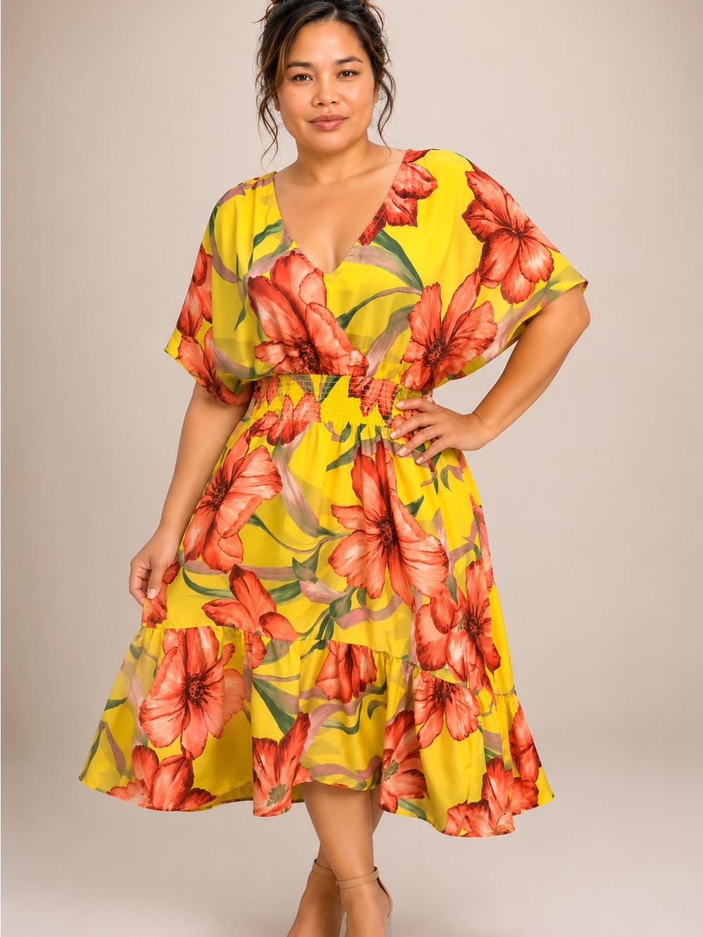 Bright Yellow Floral Maxi Dress with Red Bloom Print